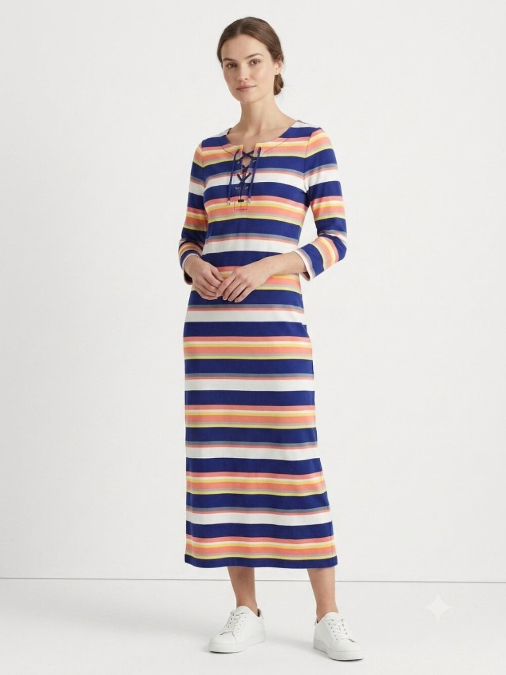 Lauren Ralph Lauren Dress Stripes Maxi Jersey Preppy Casual Blue Orange XL
